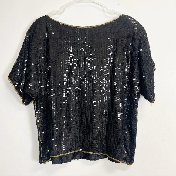 CeeCee Silk Blouse Womens Medium Black Gold Bead Sequin Formal VTG - Picture 2 of 8